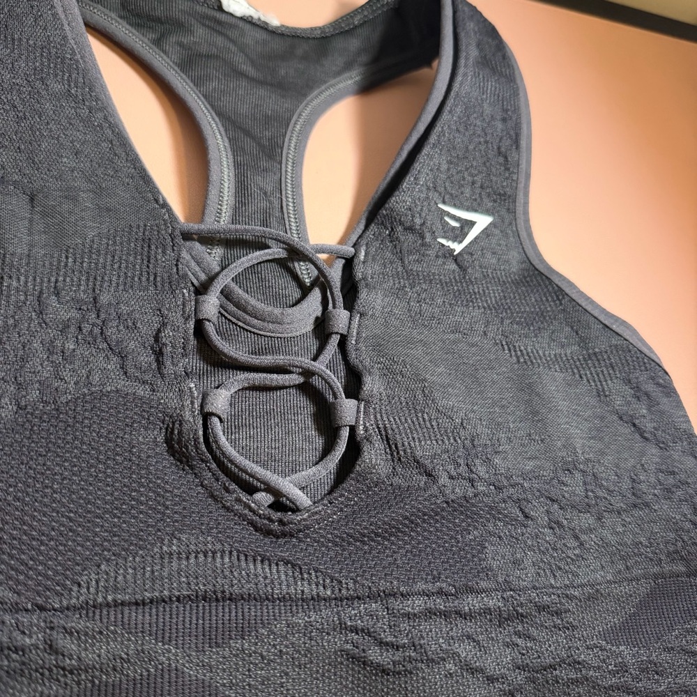 Gymshark XS Black Gray Adapt Seamless Sports Bra Lace-Up Camo Racerback
